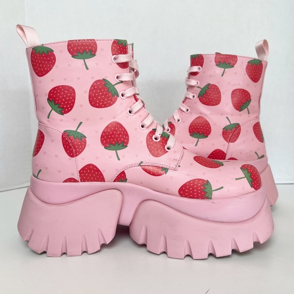 •KOI• Strawberry Spongecake Pink Vilun Platform Lace- Up Ankle Boots Size US 7 - Picture 6 of 16